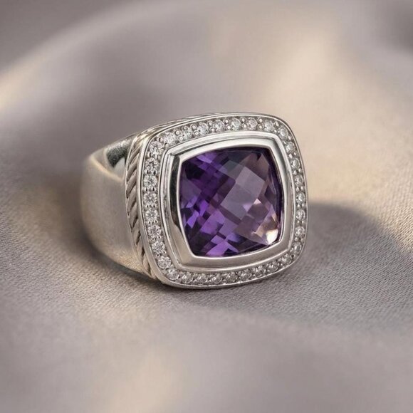 Jewelry - Purple Faceted Stone Silver Tone Ring CZ Halo Size 7